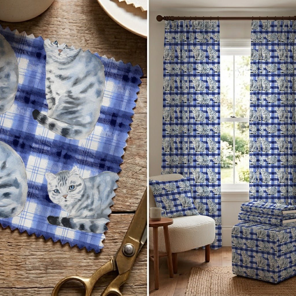 American Shorthairs and Plaid - Fabric - Linen Rowe