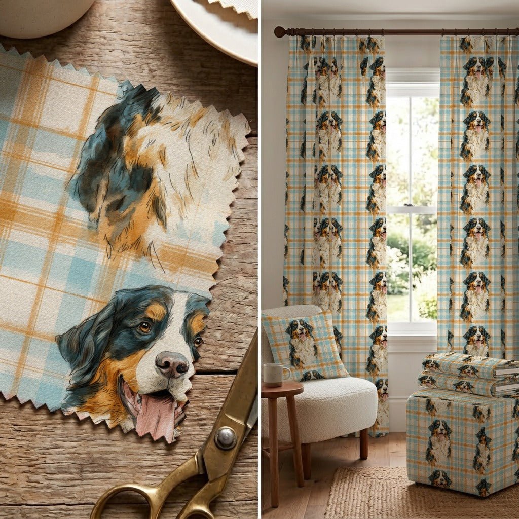 Bernese Mountain Dog Cottage Plaid - Fabric - Linen Rowe