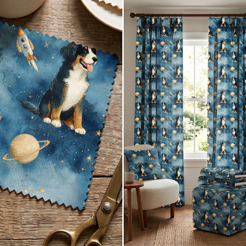 Bernese Mountain Dog Outer Space - Fabric - Linen Rowe
