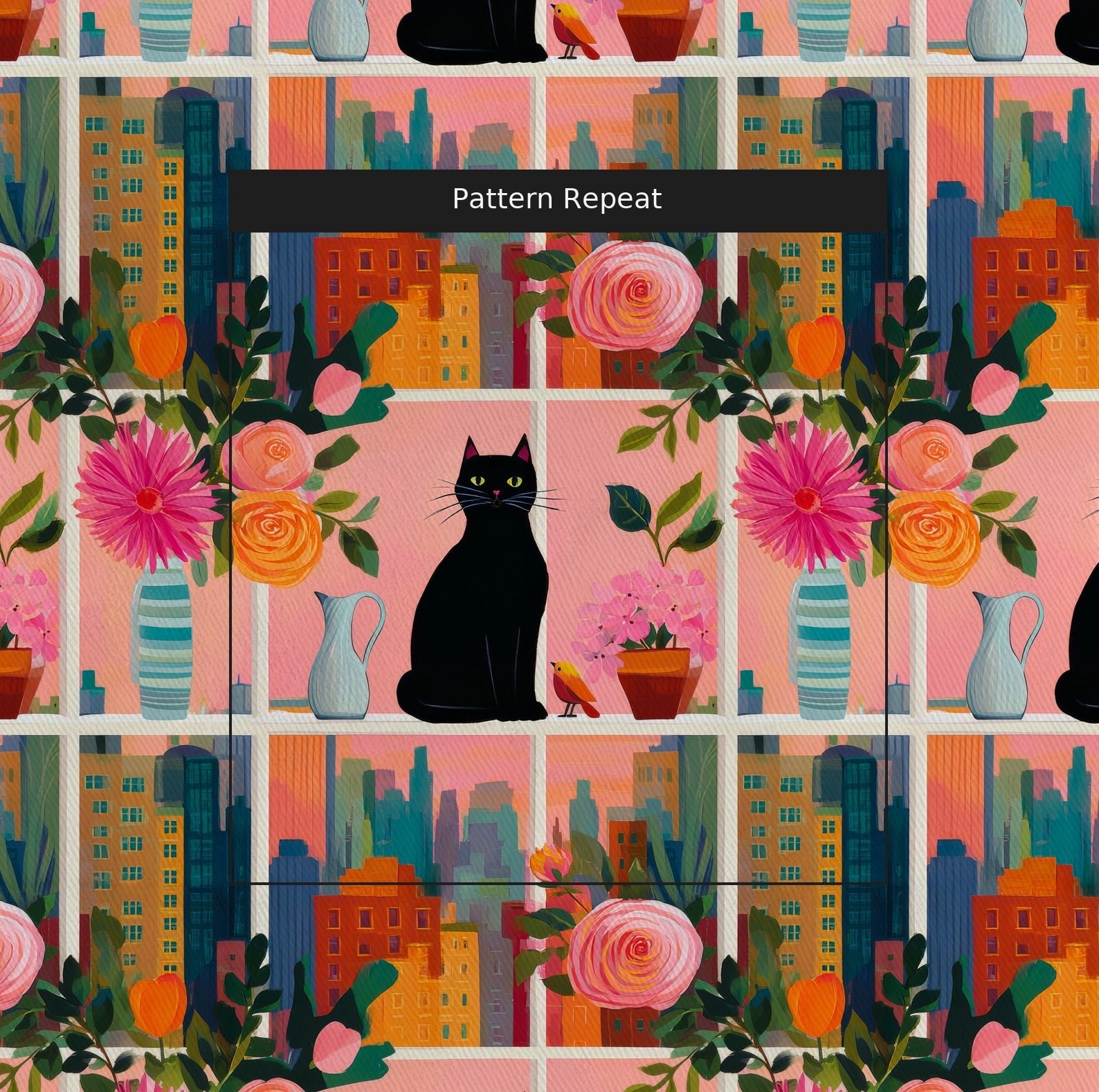 Black Cat in the City - Fabric - Linen Rowe