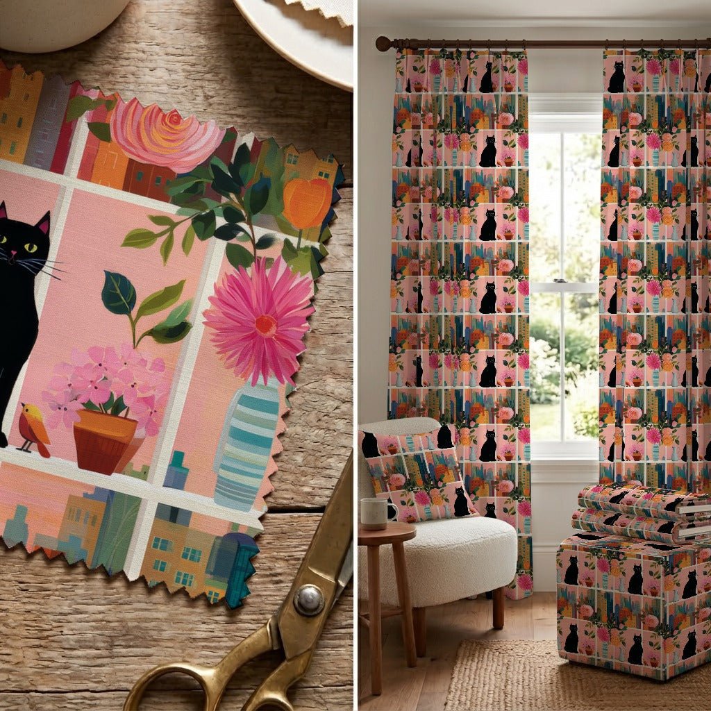Black Cat in the City - Fabric - Linen Rowe