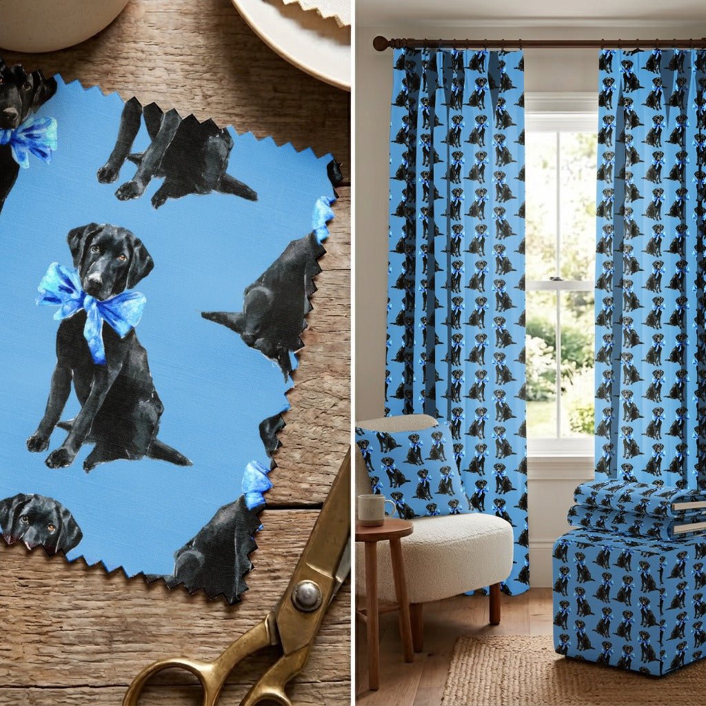 Black Labs in Blue Bows - Fabric - Linen Rowe