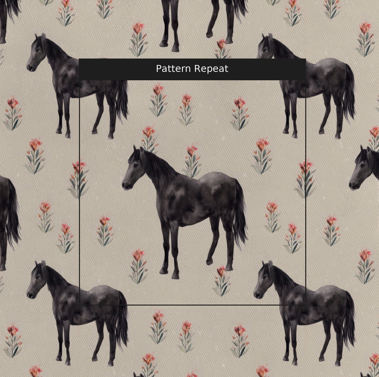 Black Stallion & Wildflowers - Fabric - Linen Rowe