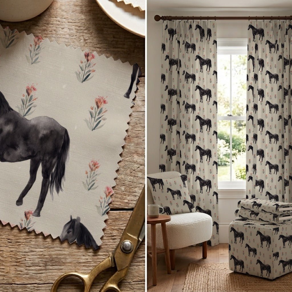 Black Stallion & Wildflowers - Fabric - Linen Rowe