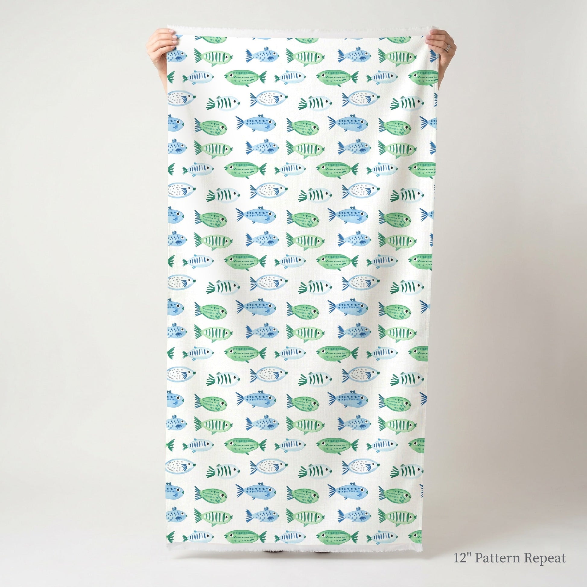 Blue and Green Fish - Fabric - Linen Rowe