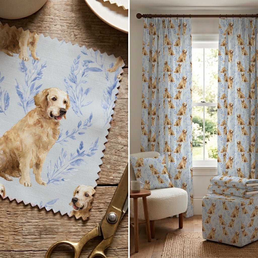 Blue Botanical Golden Retriever - Fabric - Linen Rowe