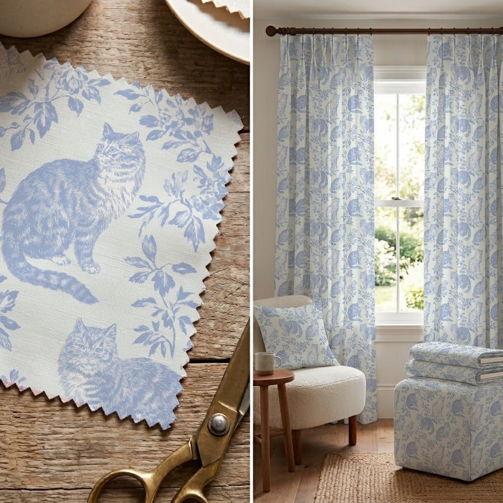 Blue Cat Toile - Fabric - Linen Rowe