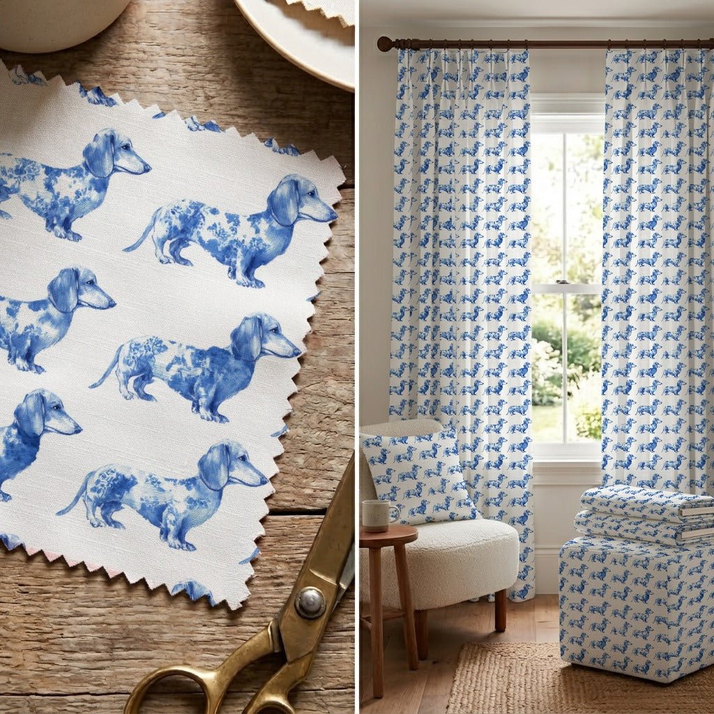 Blue Dachshund Toile - Fabric - Linen Rowe