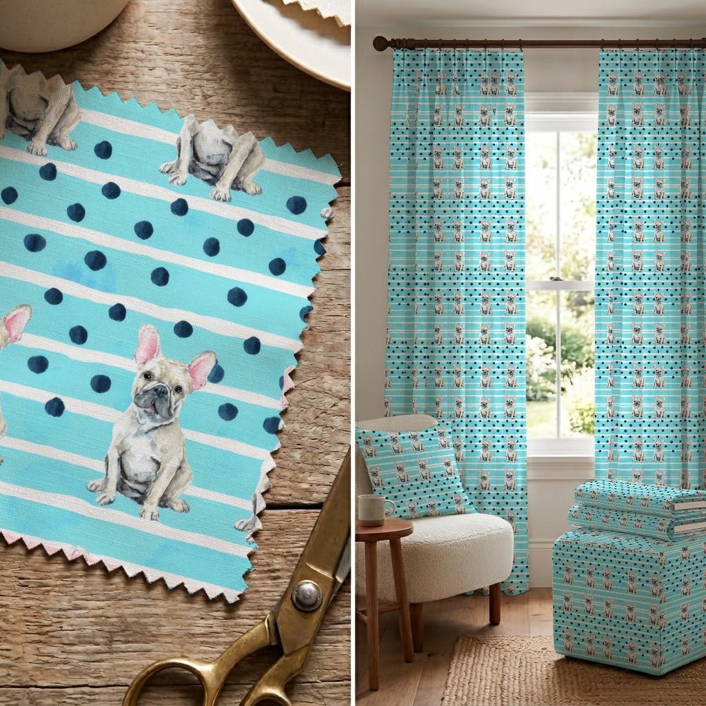 Blue Dot Frenchie - Fabric - Linen Rowe