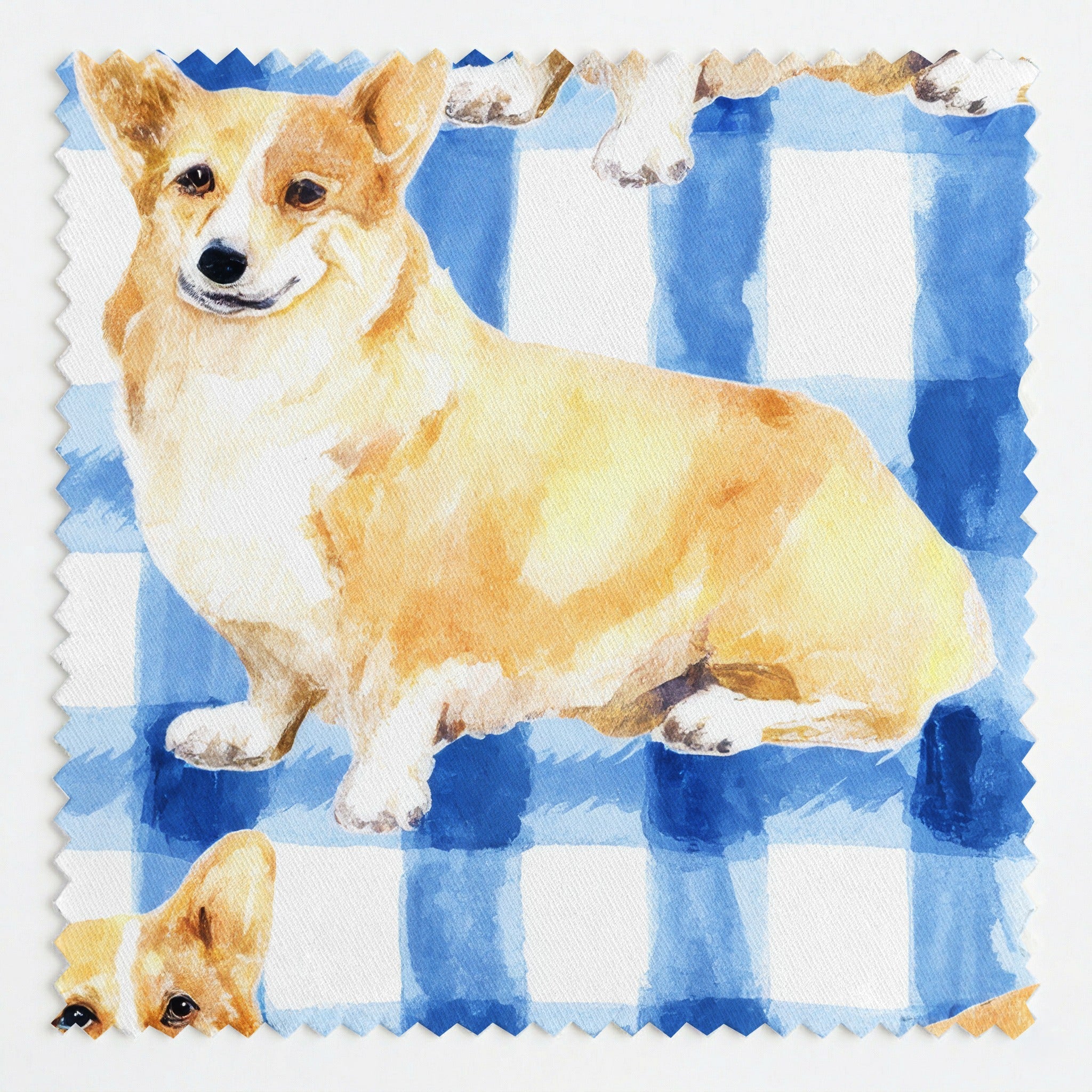 Blue Gingham Corgis - Fabric - Linen Rowe