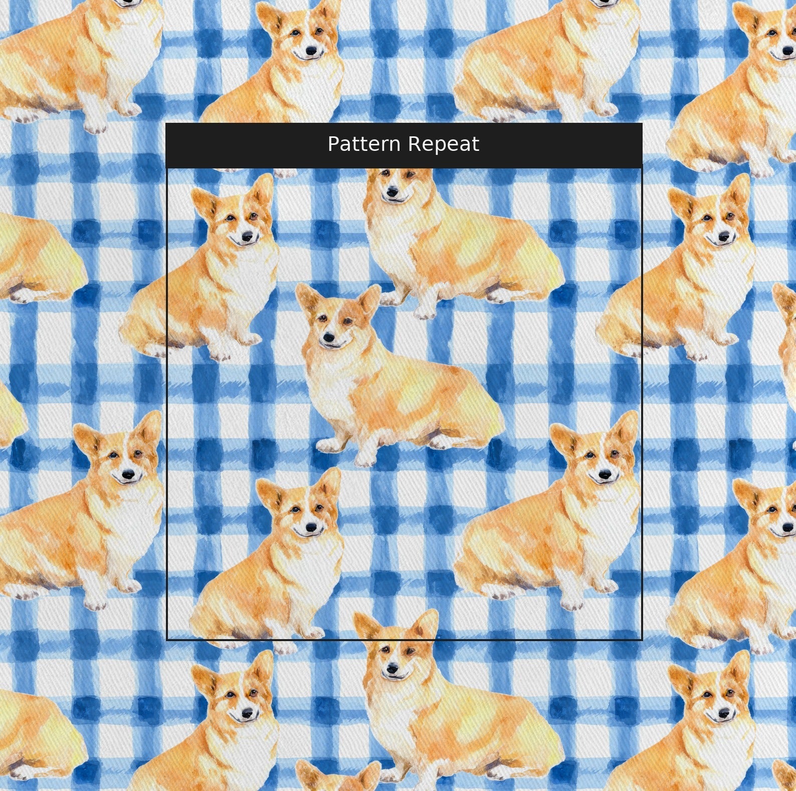 Blue Gingham Corgis - Fabric - Linen Rowe