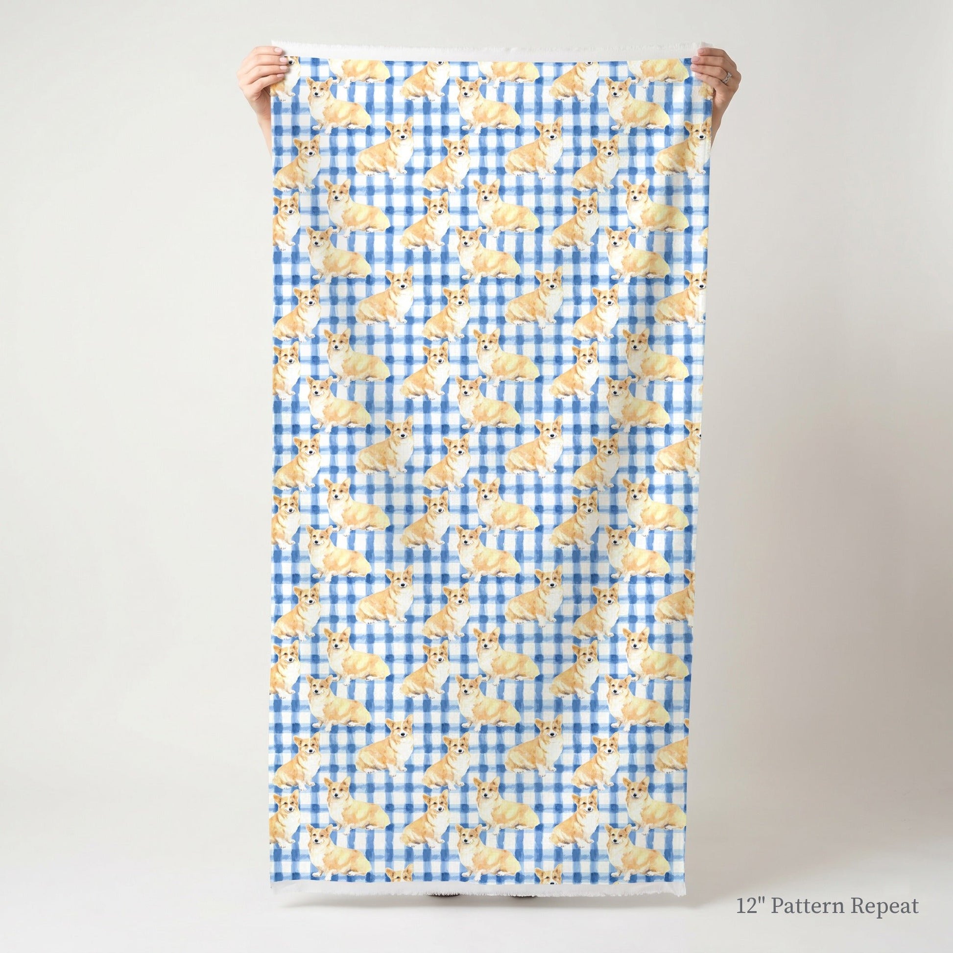 Blue Gingham Corgis - Fabric - Linen Rowe