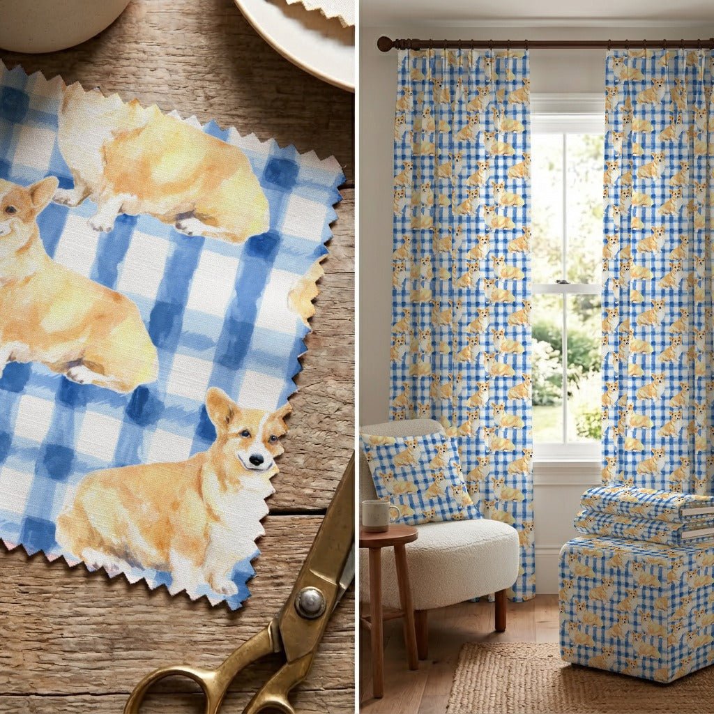 Blue Gingham Corgis - Fabric - Linen Rowe