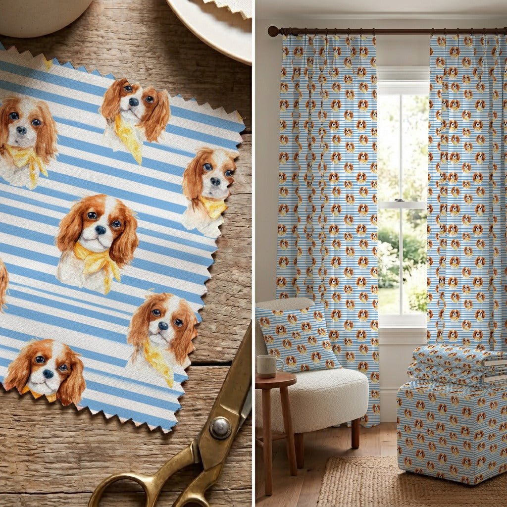 Blue Stripe King Charles Spaniel - Fabric - Linen Rowe