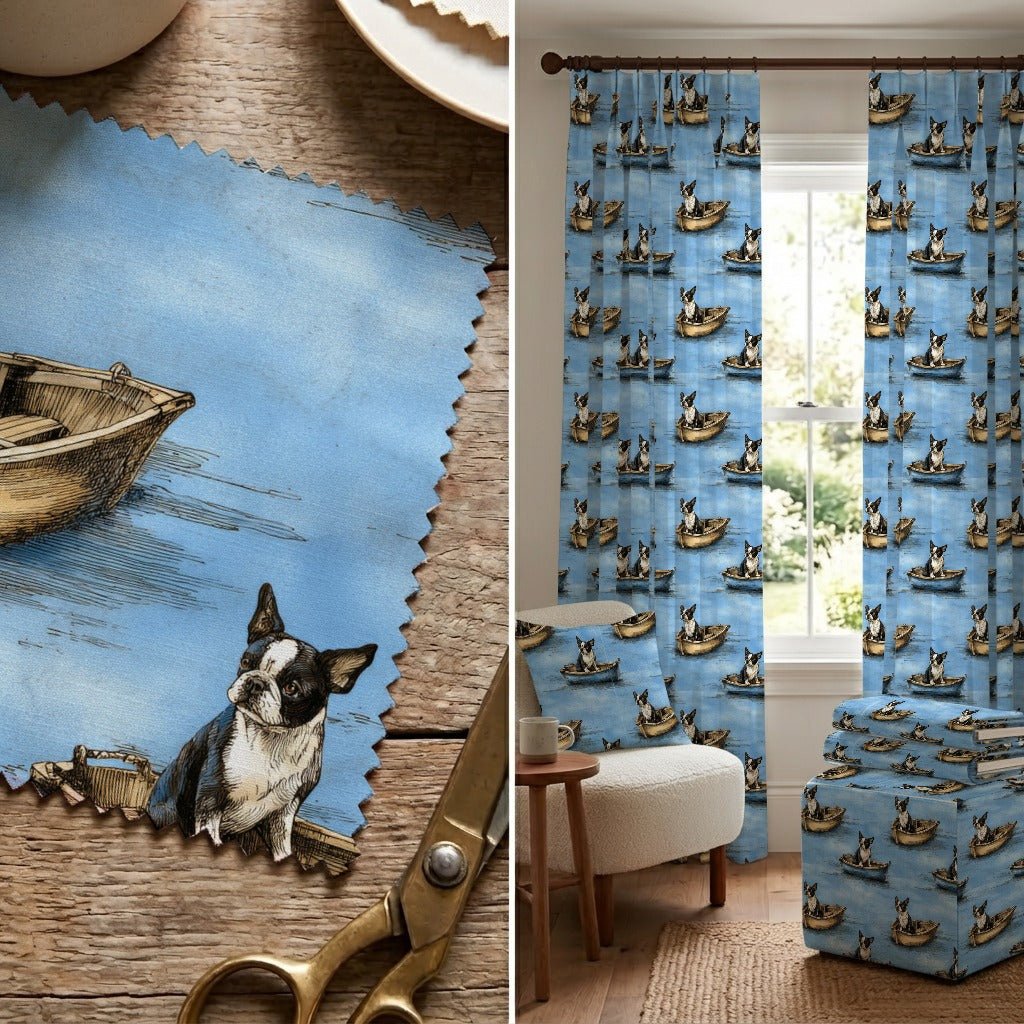 Boston Terrier Boat Day - Fabric - Linen Rowe