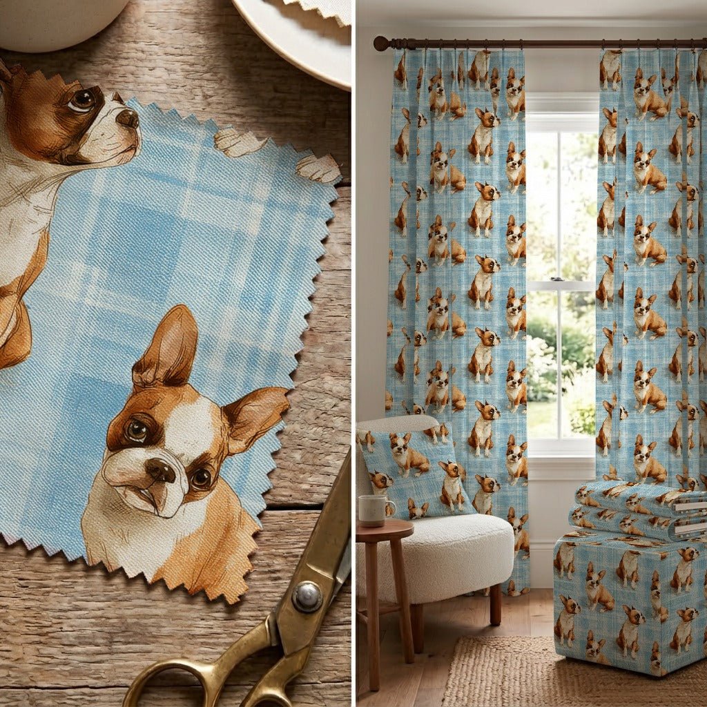Boston Terrier Cottage Plaid - Fabric - Linen Rowe