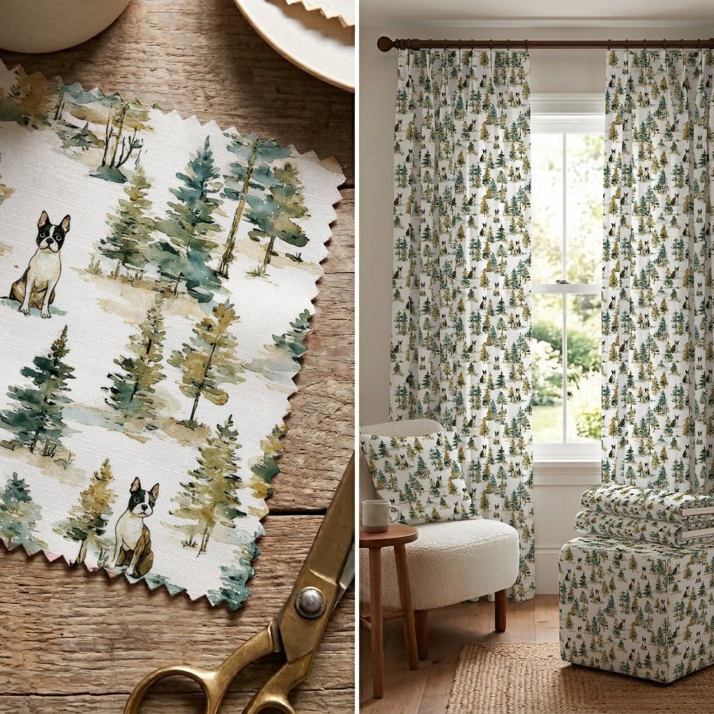Boston Terrier Evergreen Grove - Fabric - Linen Rowe