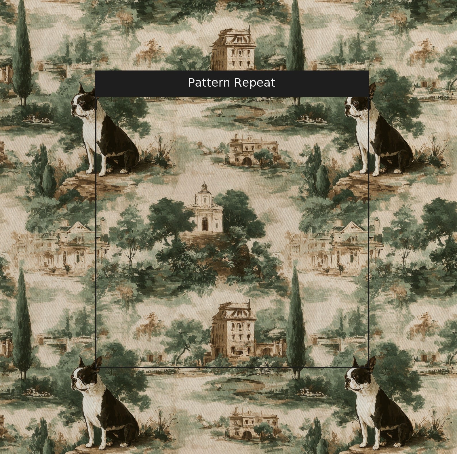 Boston Terrier Garden Toile - Fabric - Linen Rowe