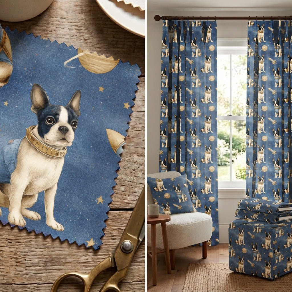Boston Terrier Outer Space - Fabric - Linen Rowe