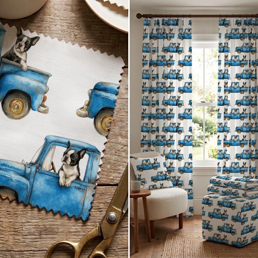 Boston Terrier Sunday Drive - Fabric - Linen Rowe