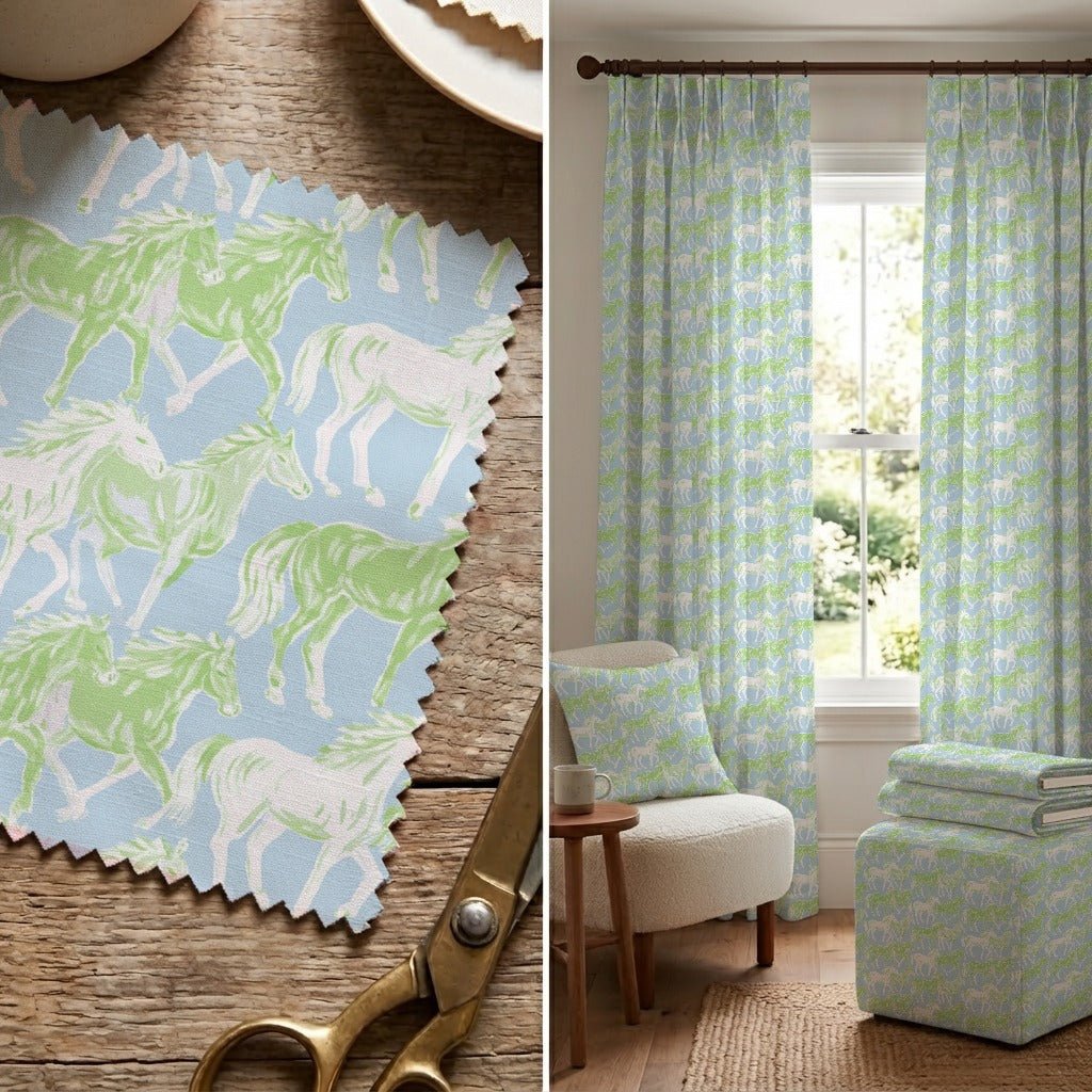 Bright And Green Horses - Fabric - Linen Rowe