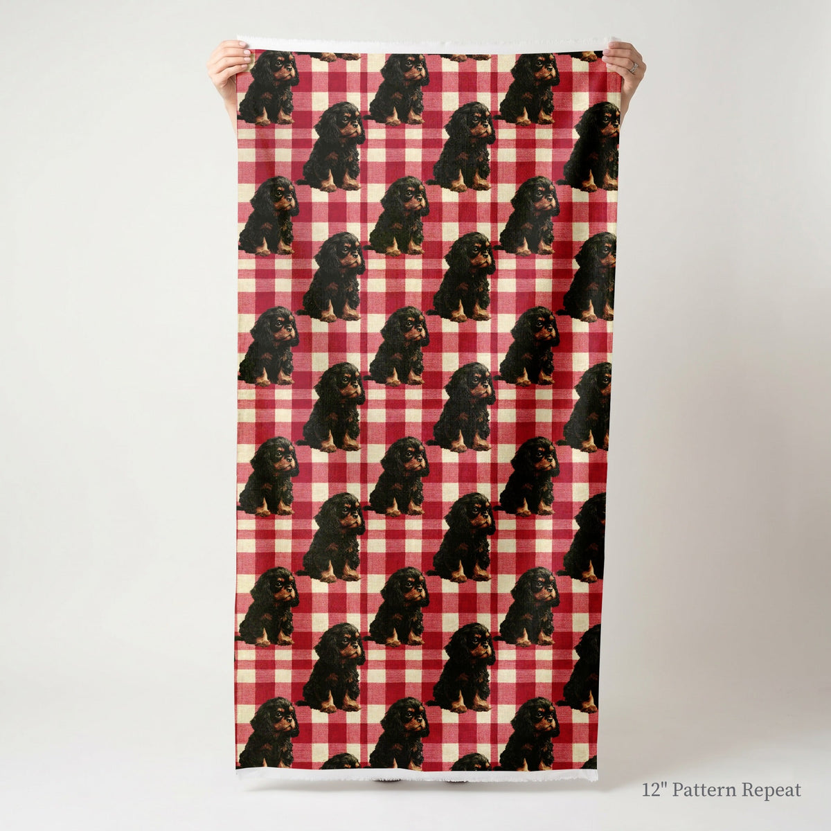 Cavalier King Charles Spaniel Picnic Gingham - Fabric - Linen Rowe