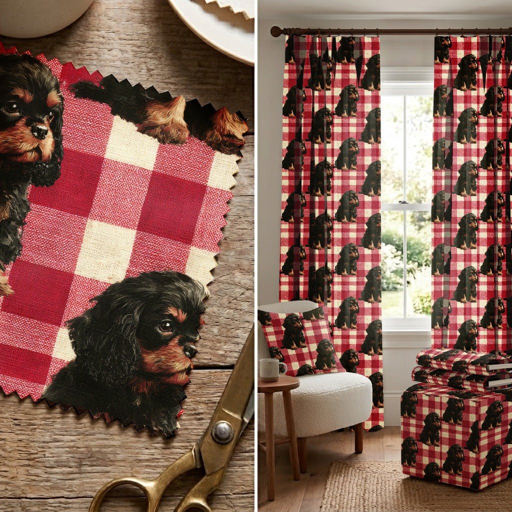 Cavalier King Charles Spaniel Picnic Gingham - Fabric - Linen Rowe