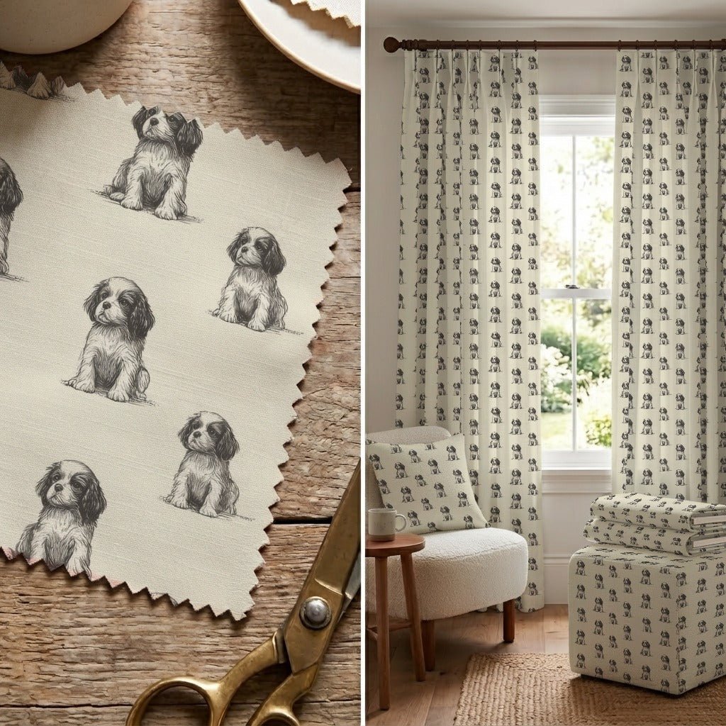 Cavalier King Charles Spaniel Sit and Stay - Fabric - Linen Rowe