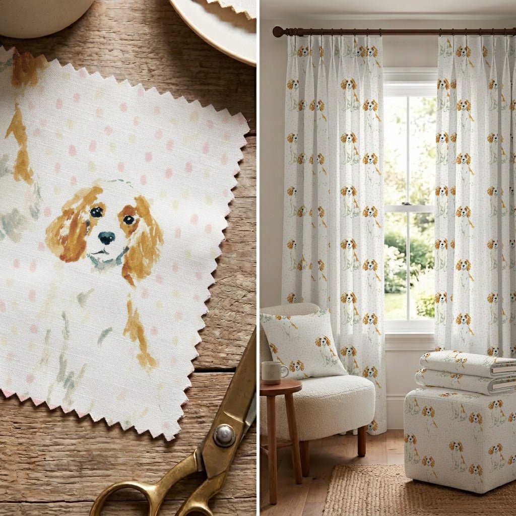 Cavalier Spaniel Dots - Fabric - Linen Rowe