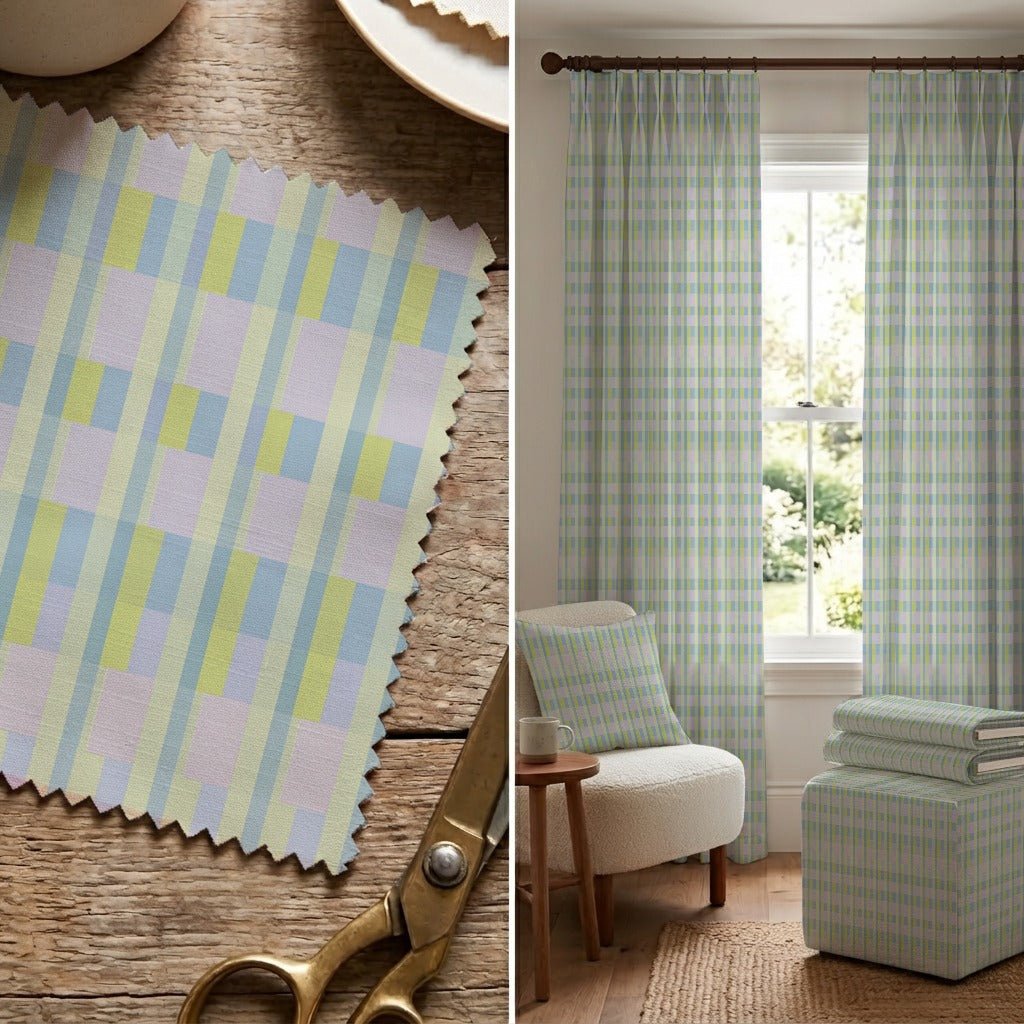 Chartreuse & Blue Grid - Fabric - Linen Rowe