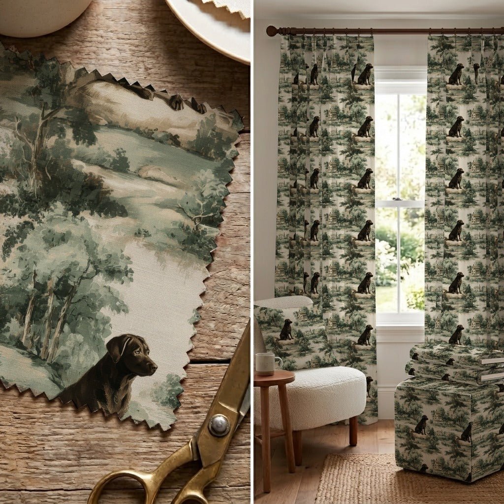 Chocolate Lab Garden Toile - Fabric - Linen Rowe