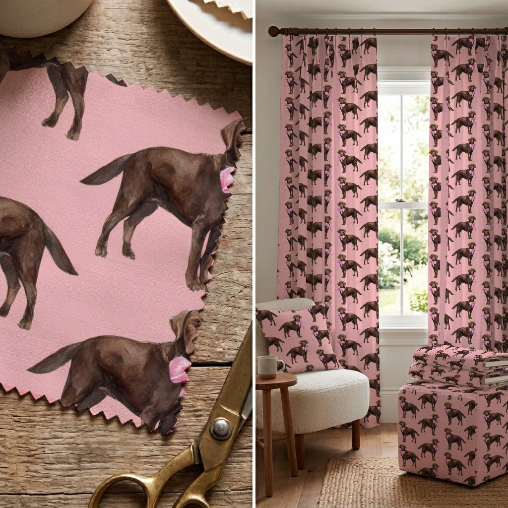 Chocolate Labs in Pink Bows - Fabric - Linen Rowe