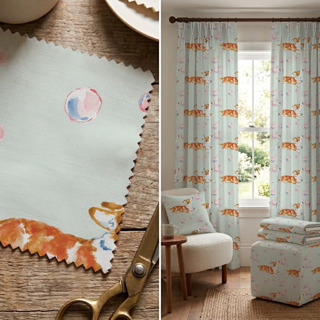 Corgi And Bubbles - Fabric - Linen Rowe