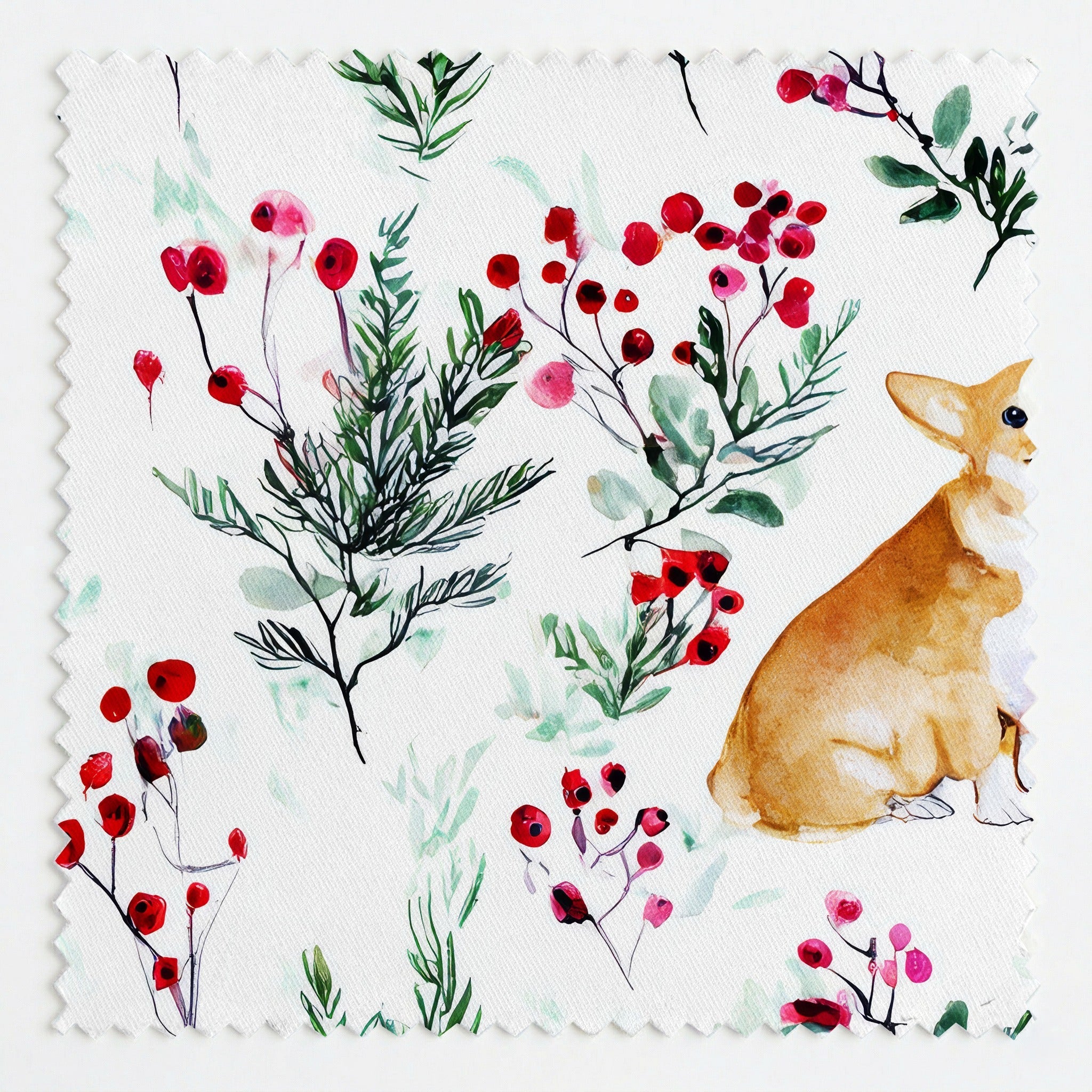Corgi Berries and Sprigs - Fabric - Linen Rowe