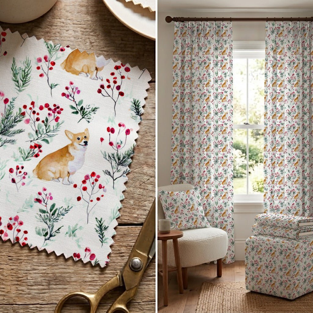 Corgi Berries and Sprigs - Fabric - Linen Rowe