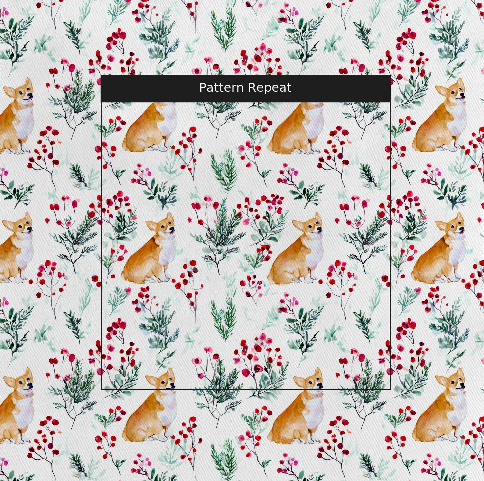 Corgi Berries and Sprigs - Fabric - Linen Rowe