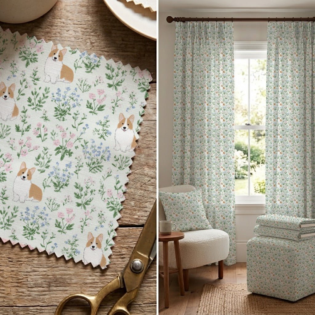 Corgi Florals - Fabric - Linen Rowe