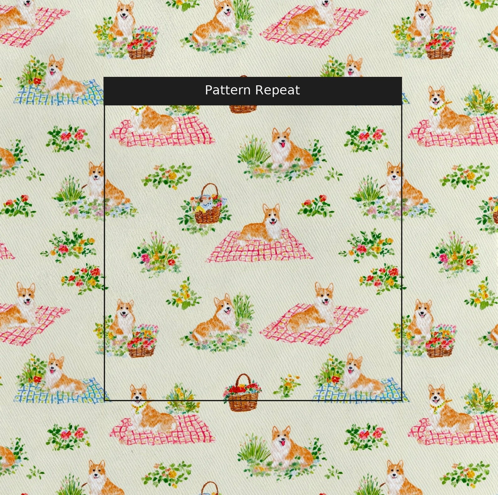 Corgi Picnic - Fabric - Linen Rowe