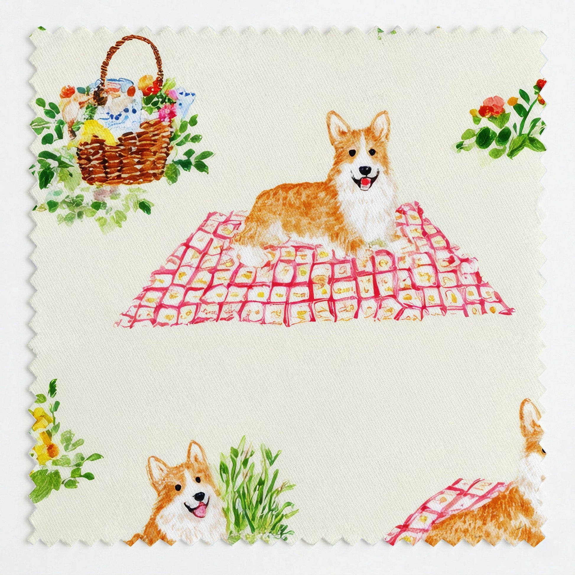 Corgi Picnic - Fabric - Linen Rowe