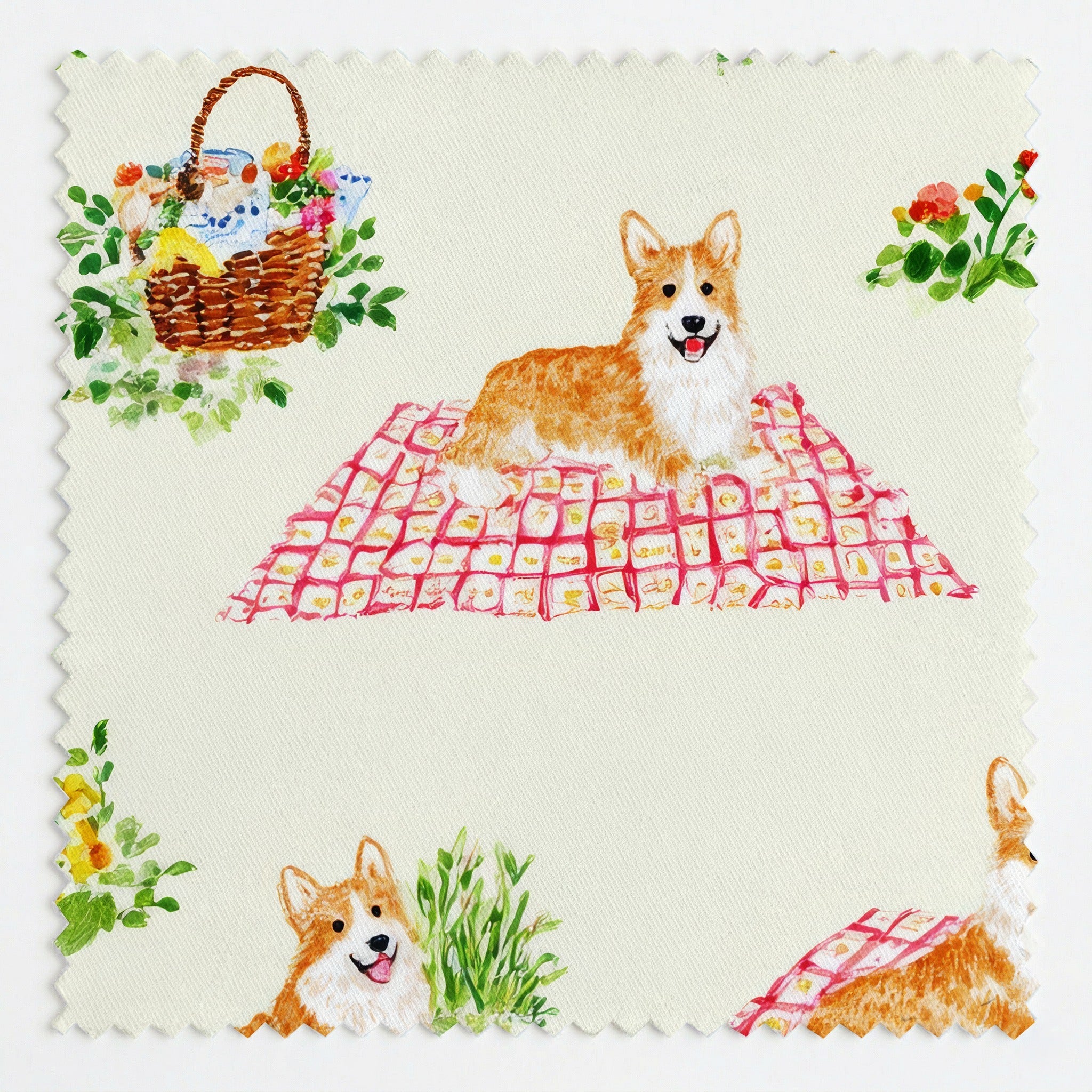 Corgi Picnic - Fabric - Linen Rowe