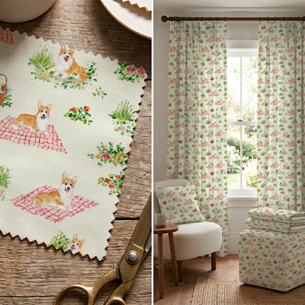 Corgi Picnic - Fabric - Linen Rowe