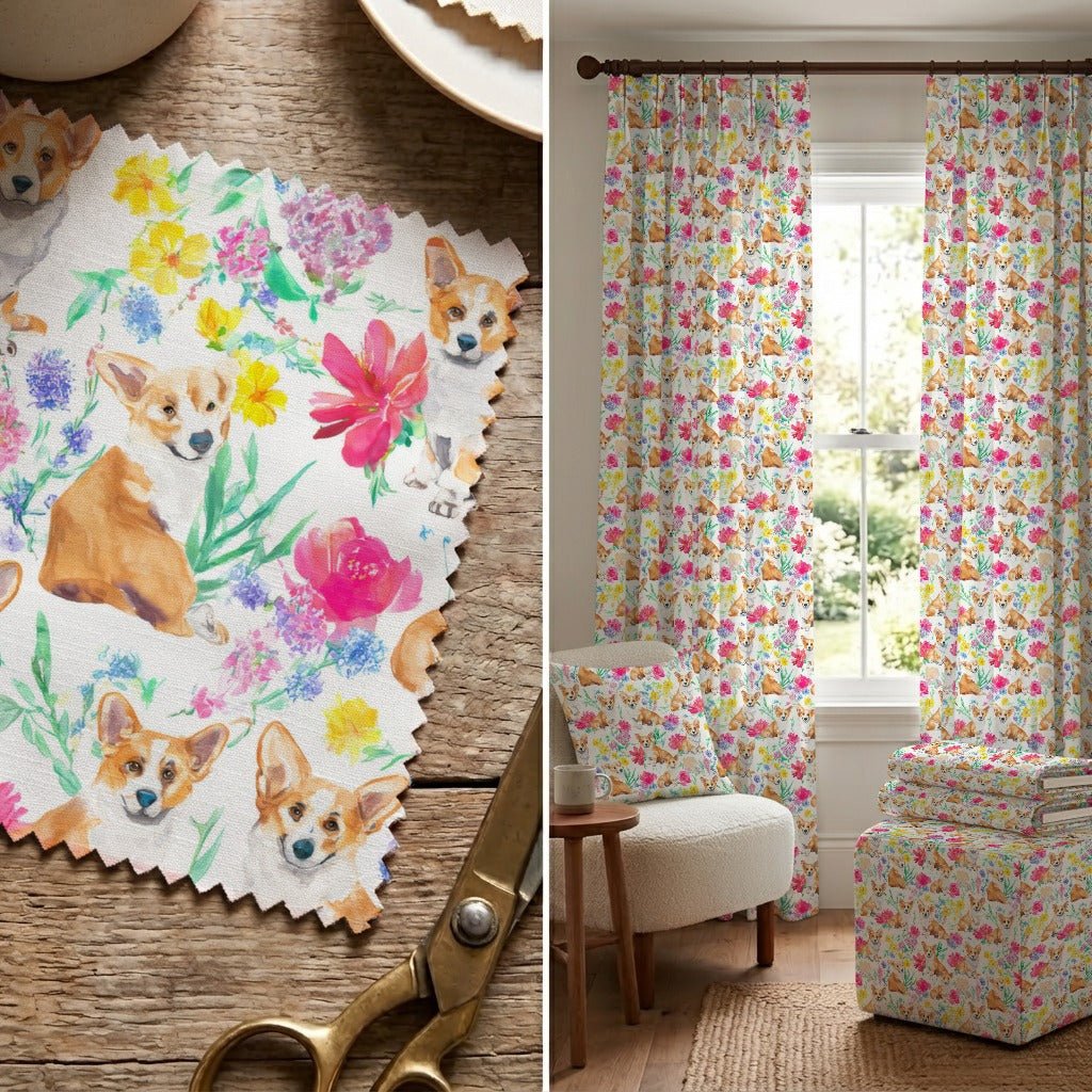 Corgi Vibrant Florals - Fabric - Linen Rowe