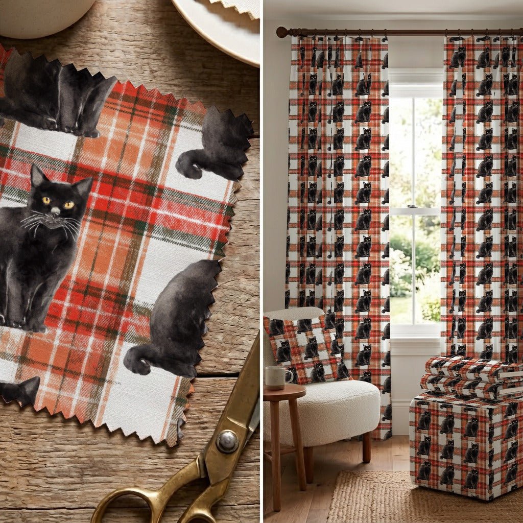 Crimson Plaid Black Cats - Fabric - Linen Rowe