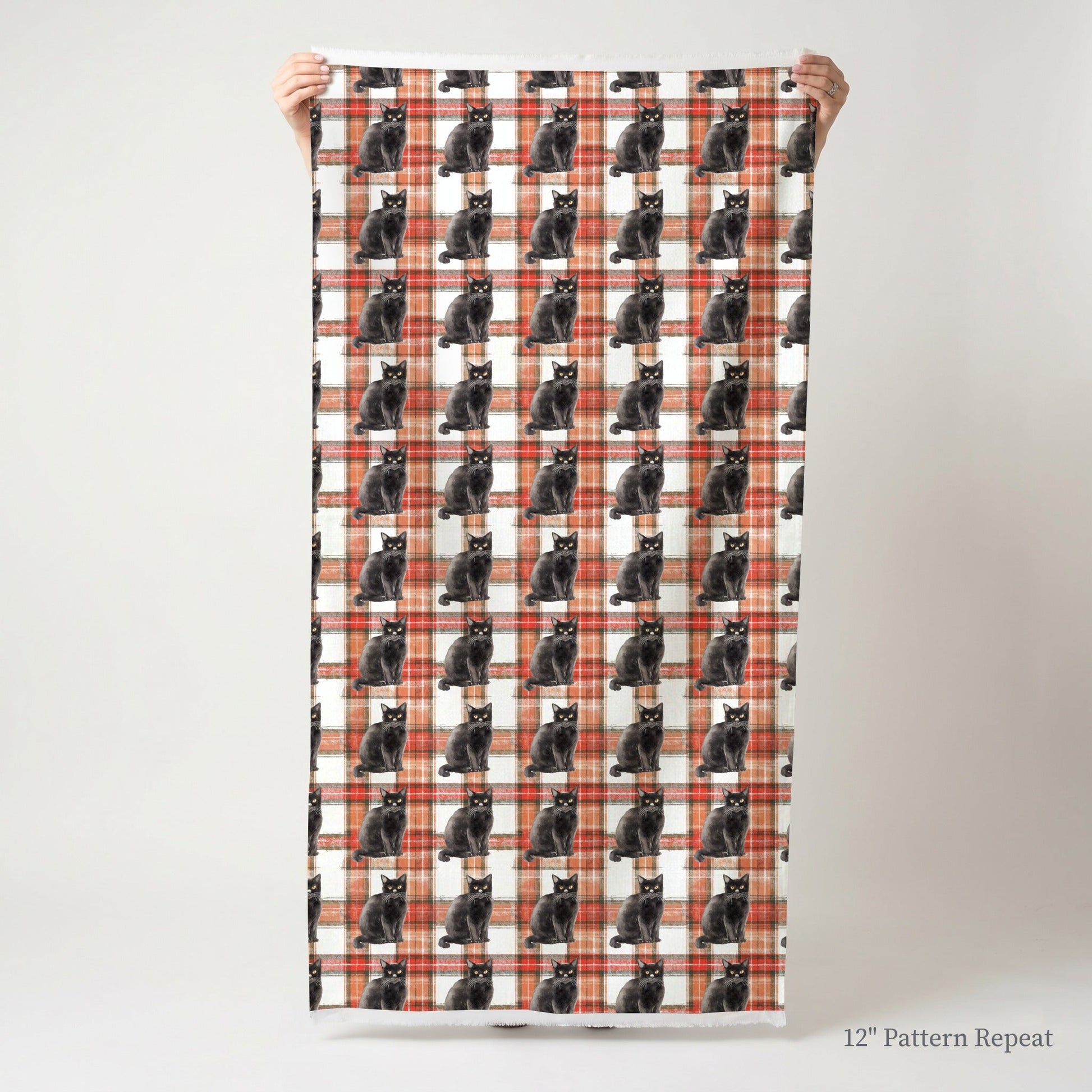Crimson Plaid Black Cats - Fabric - Linen Rowe