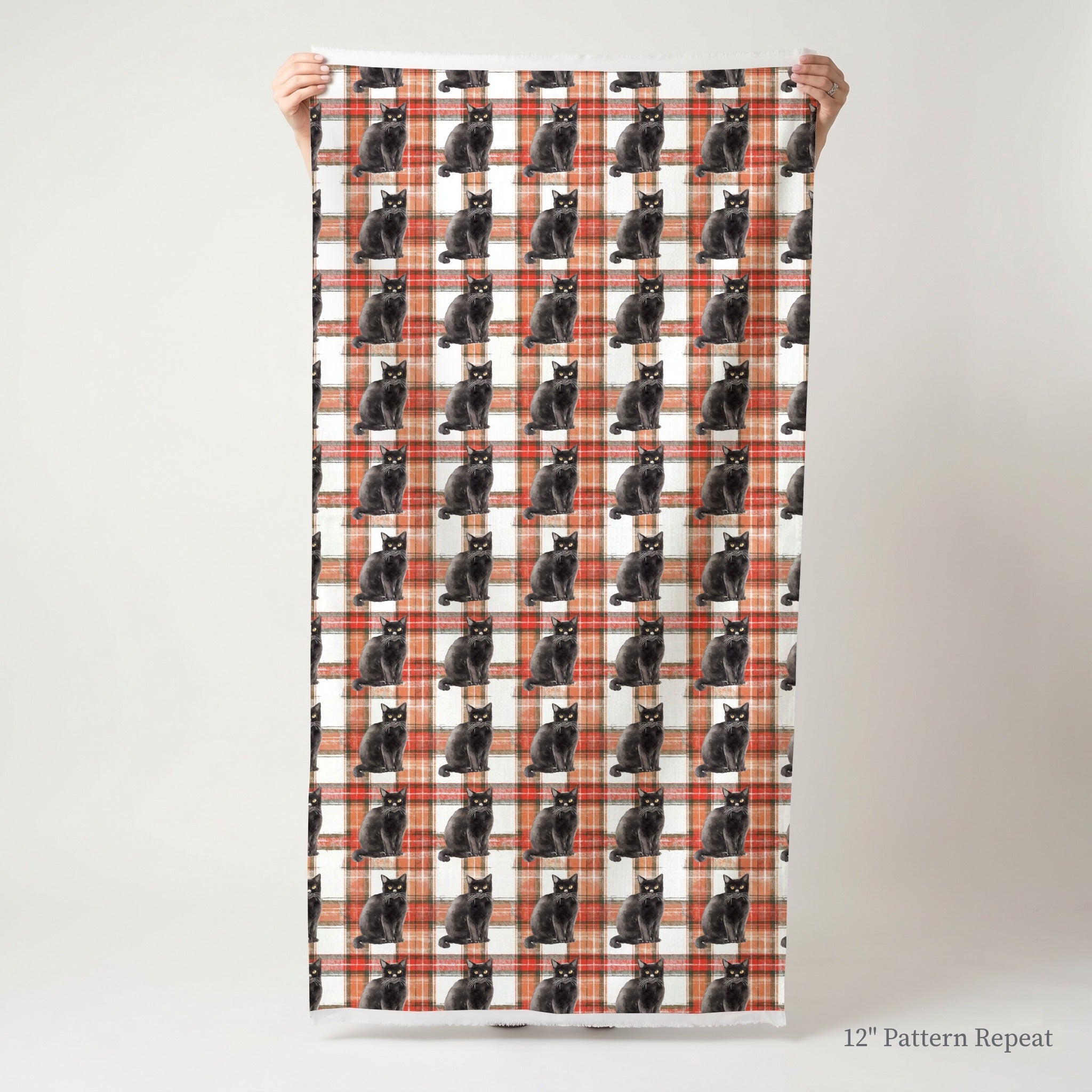 Crimson Plaid Black Cats - Fabric - Linen Rowe