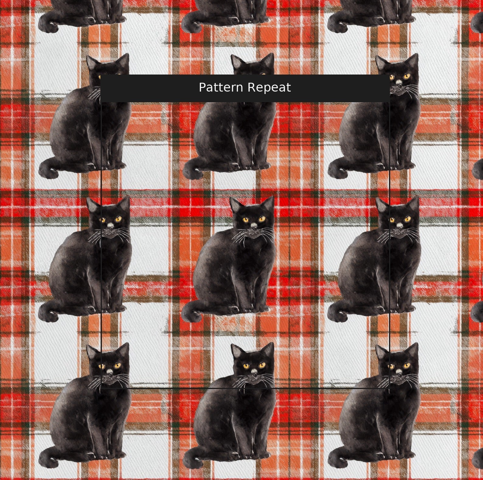Crimson Plaid Black Cats - Fabric - Linen Rowe