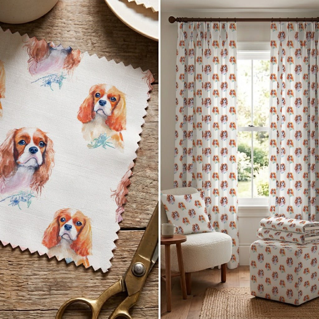 Cross-Stitched King Charles Spaniel - Fabric - Linen Rowe