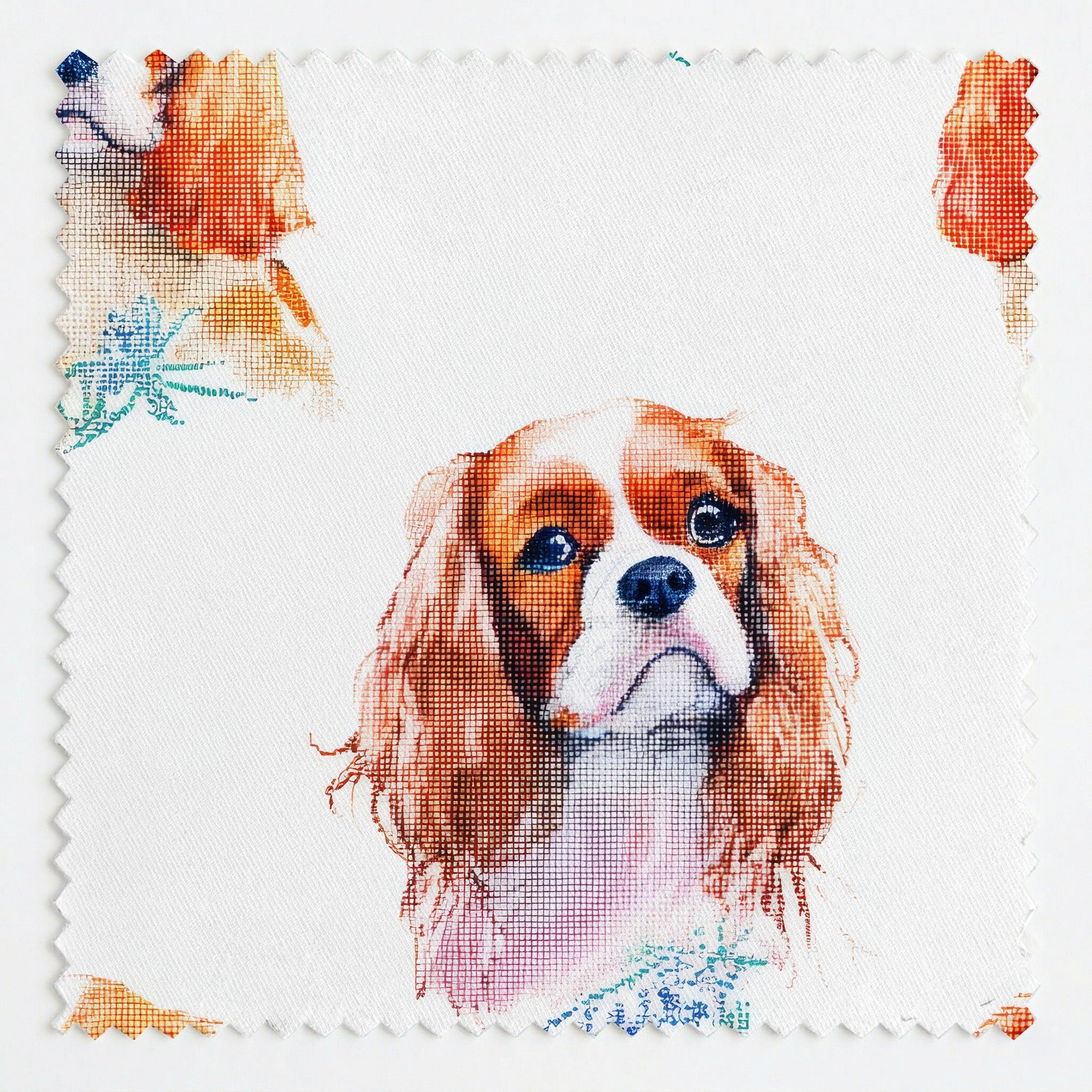 Cross-Stitched King Charles Spaniel - Fabric - Linen Rowe