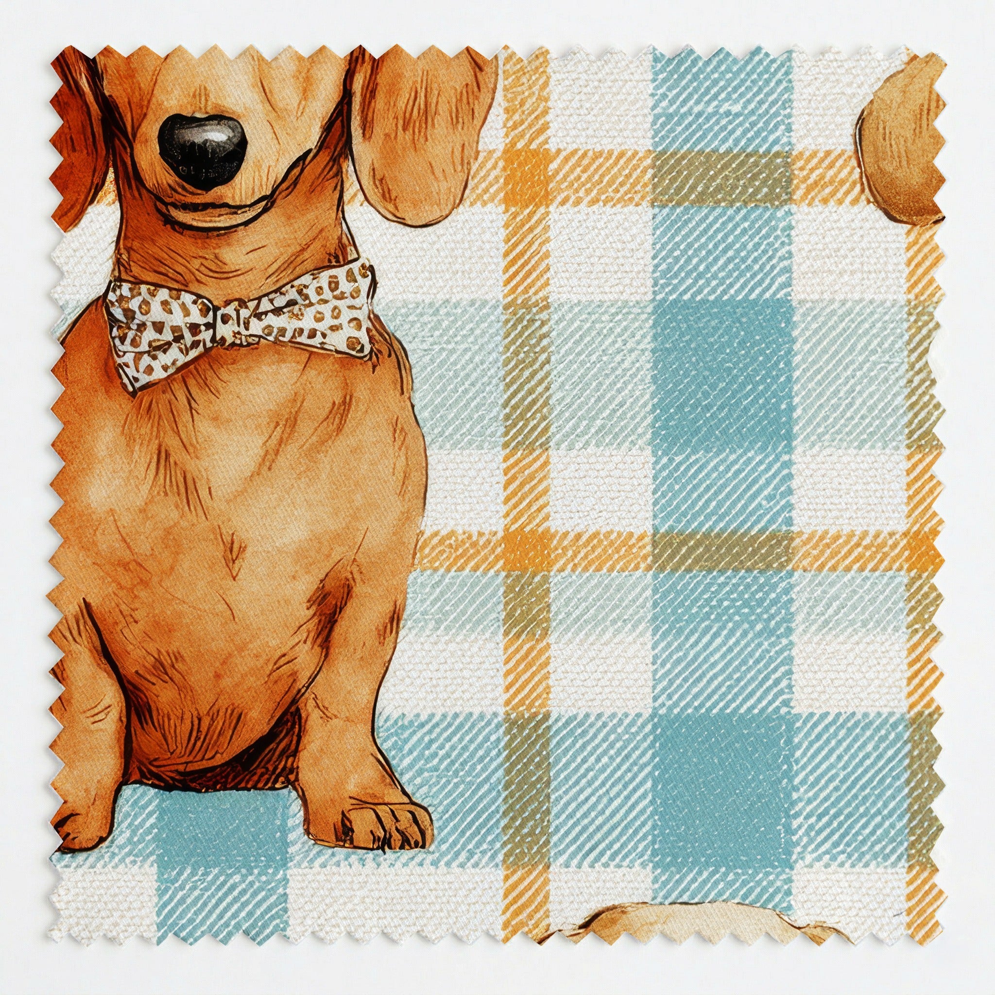 Dachshund Blue Plaid - Fabric - Linen Rowe