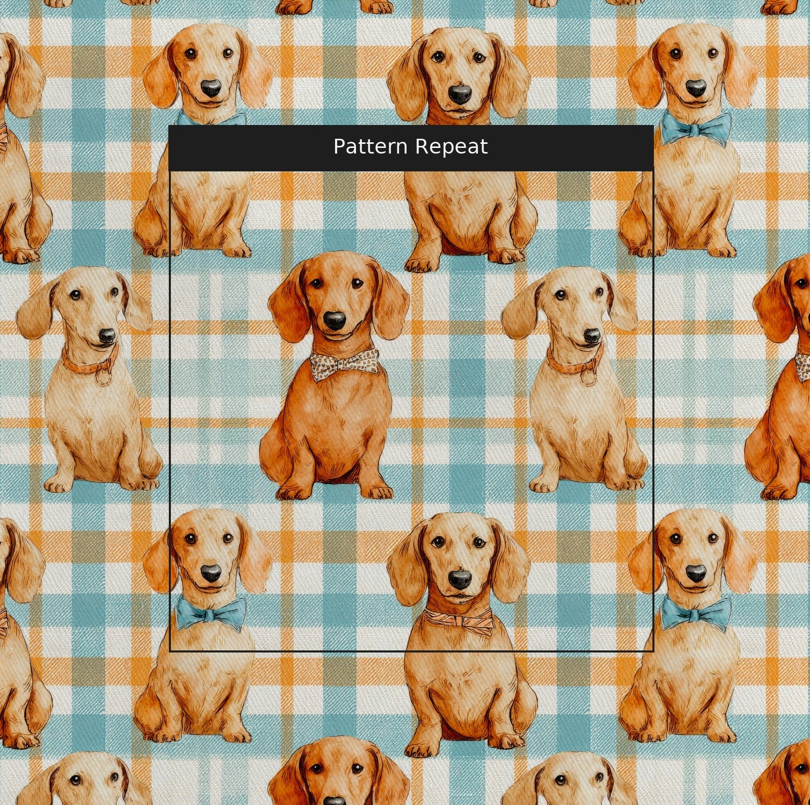 Dachshund Blue Plaid - Fabric - Linen Rowe
